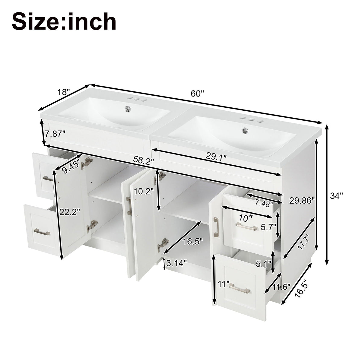 Bathroom Vanity With 2 Doors, 2 Drawers, Adjustable Shelf, Hidden Slides & Soft Close Hinges